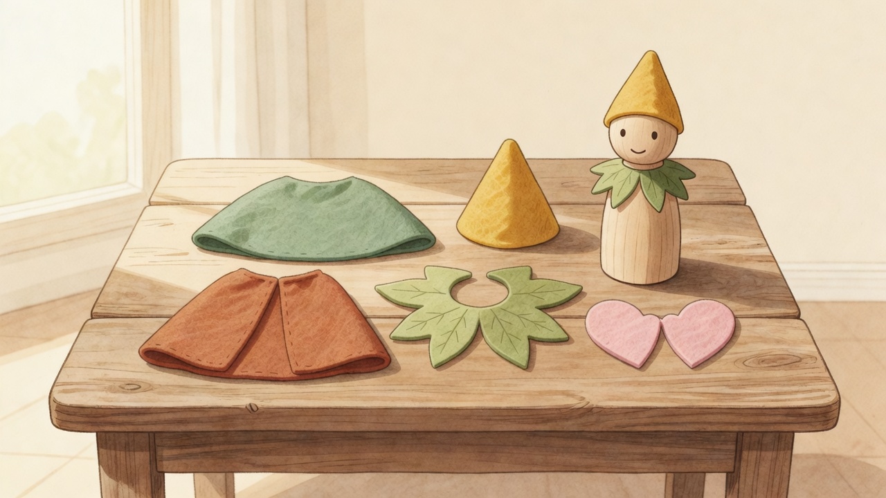 Watercolor paper and felt templates for peg doll capes, cloaks, leaf collars, cone hats, and wings