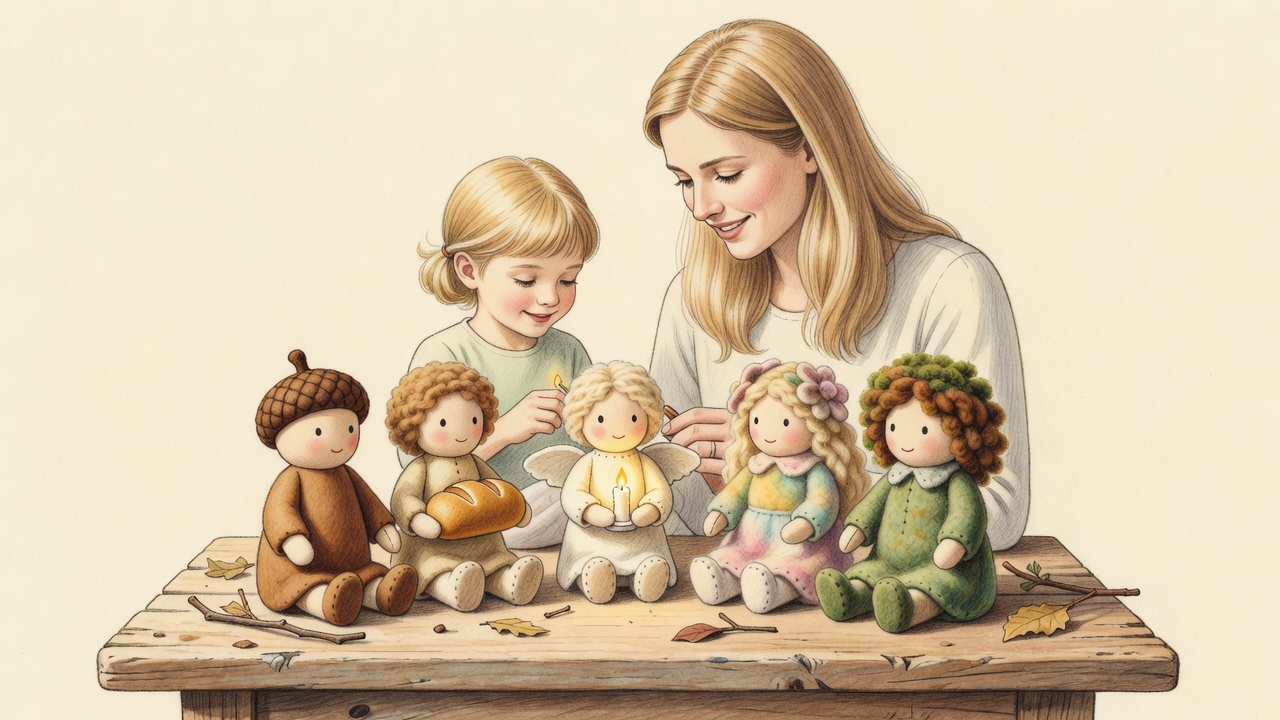 Watercolor finished family of handmade wooden peg dolls on a homeschool nature table