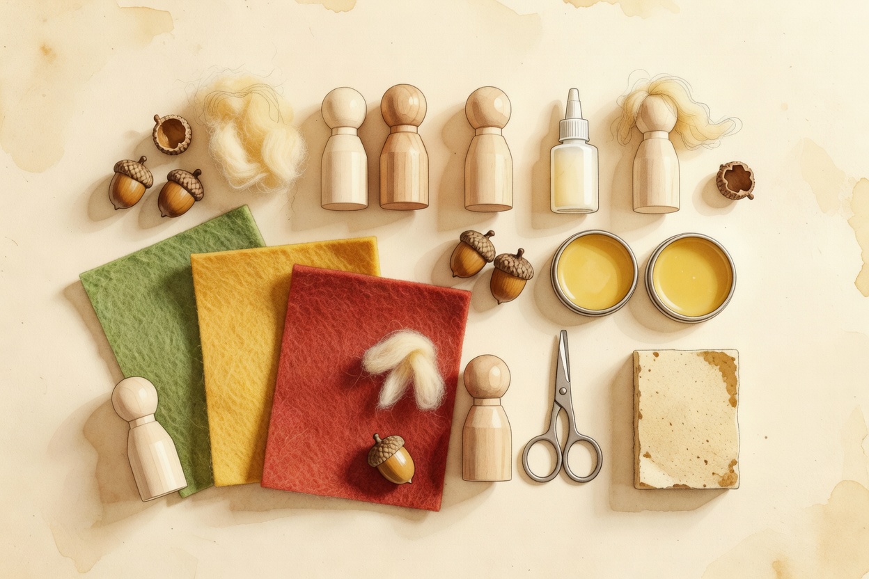 Watercolor craft table with wooden peg dolls, wool felt, roving, acorn caps, glue, scissors, beeswax, and sanding sponge