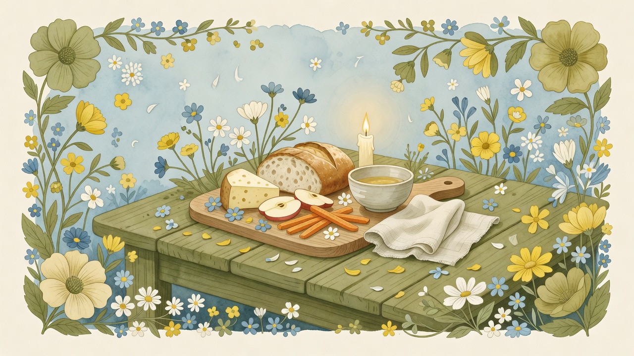 Watercolor feast tray with bread, cheese, apples, soup, and candle