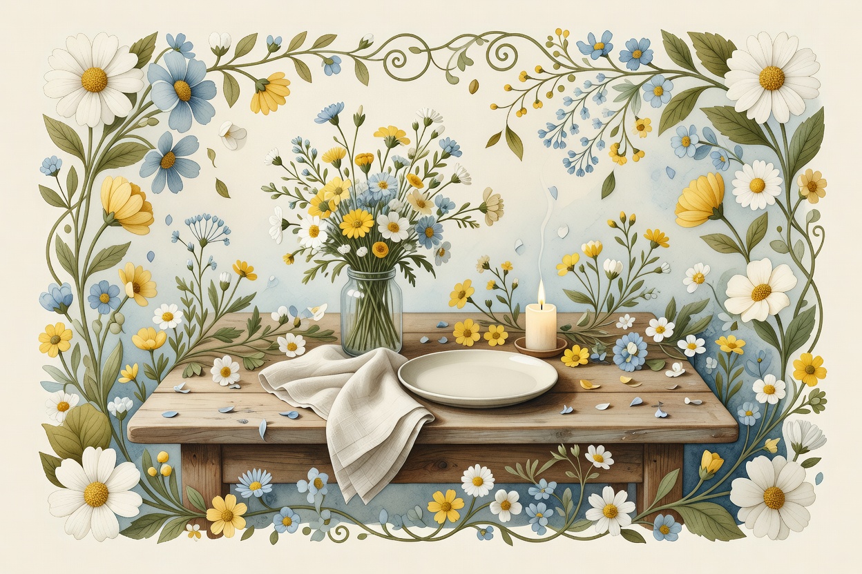 Watercolor flower table with jar, napkin, candle, and wildflowers