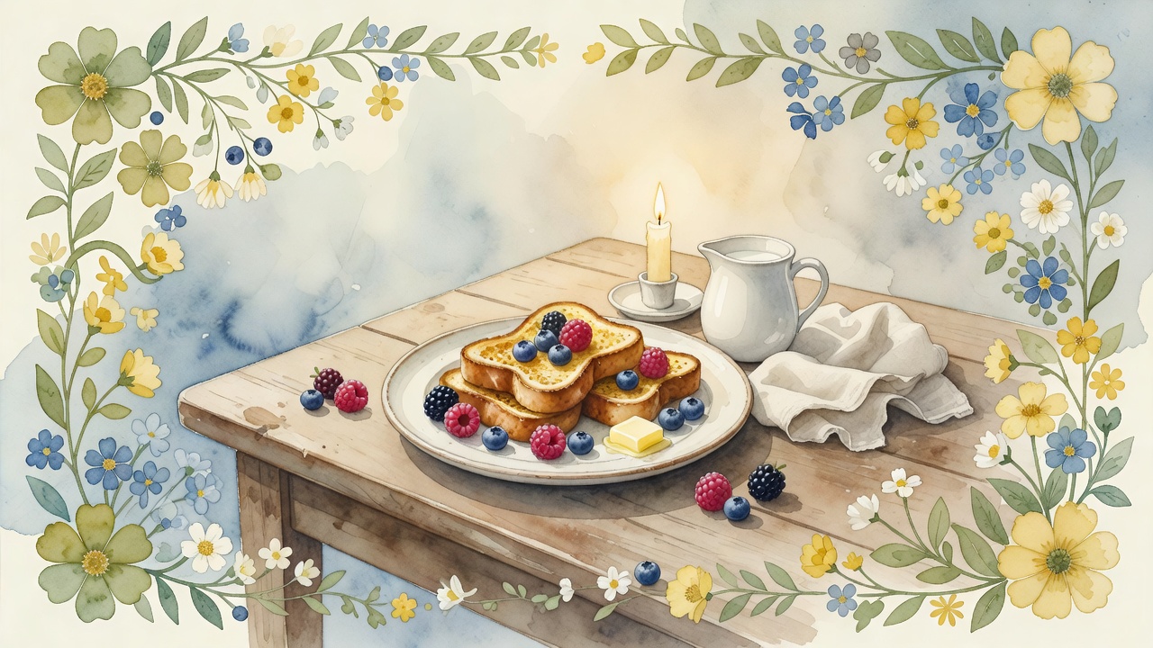 Watercolor berry French toast breakfast table with flowers