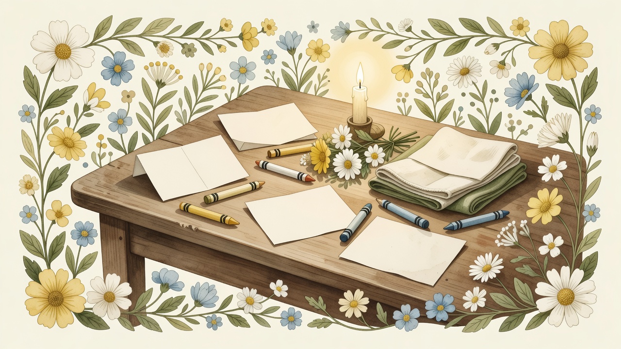 Watercolor place cards, flowers, napkins, and crayons at a table