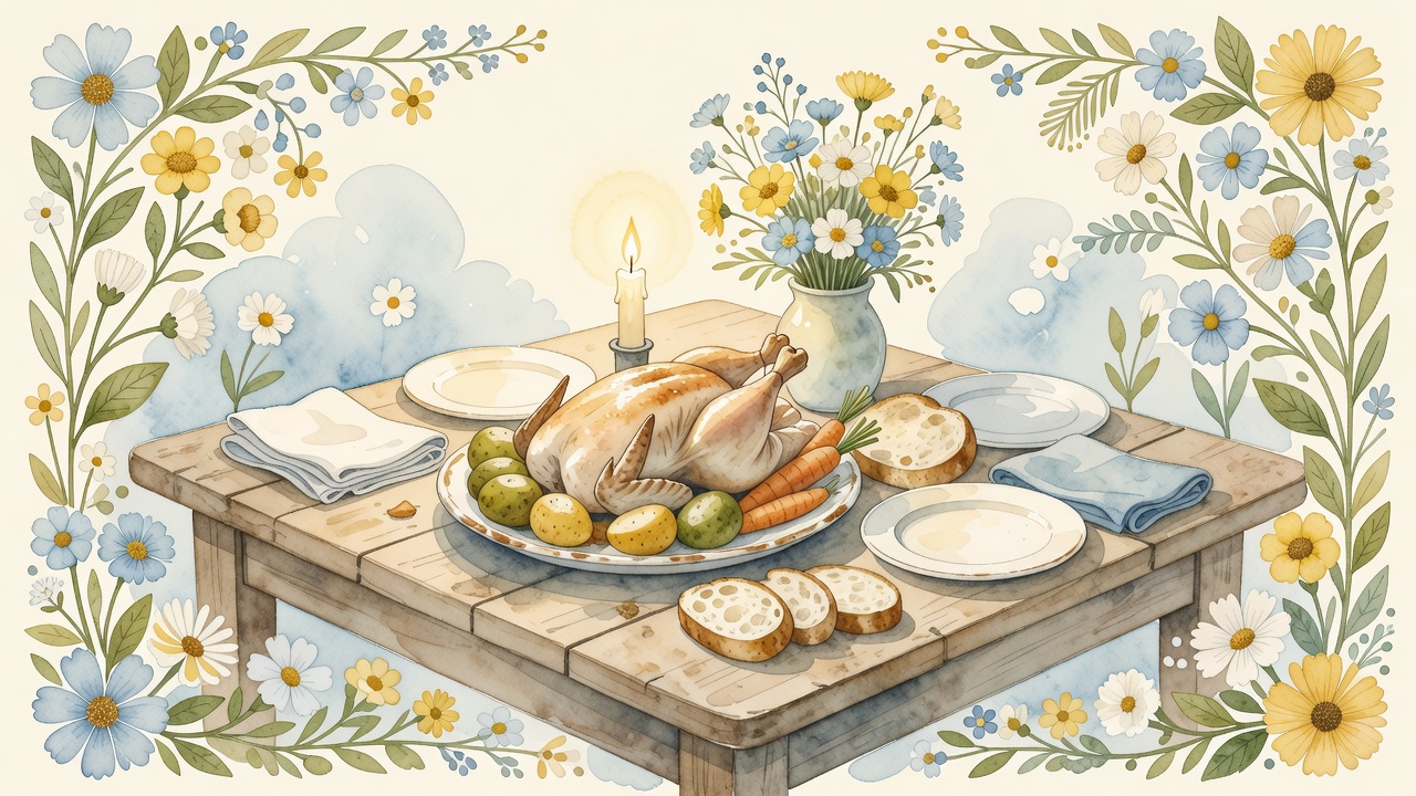 Watercolor roast chicken dinner with potatoes, carrots, flowers, and candle
