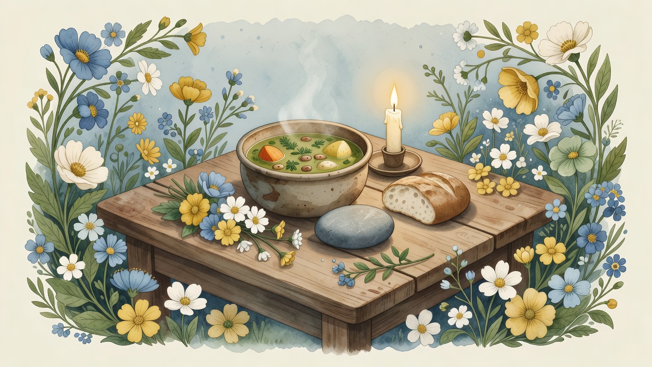 Watercolor Stone Soup table with vegetables, bread, candle, and flowers