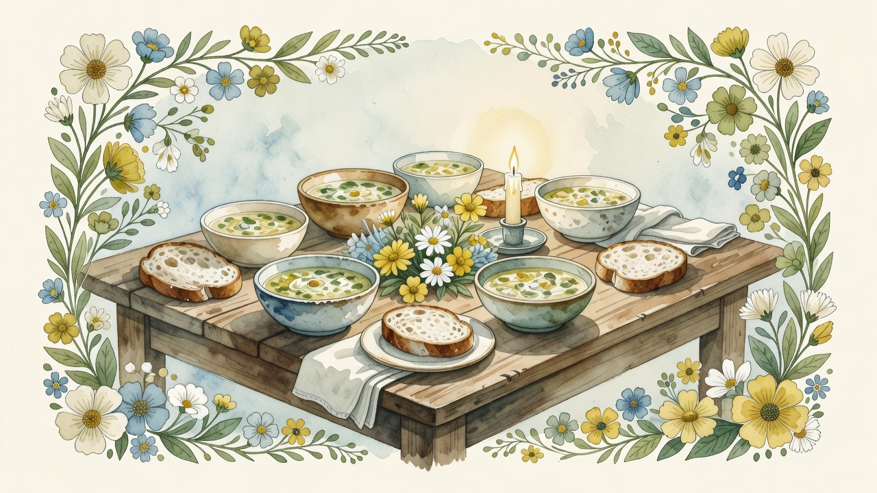 Watercolor finished Stone Soup feast with bowls, bread, flowers, and candle