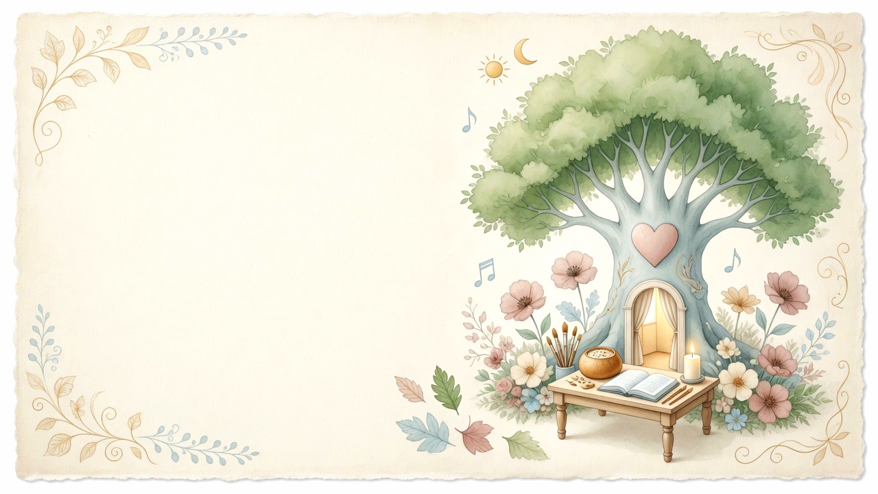 Bright watercolor sheltering tree, cottage doorway, learning table, flowers, books, and childhood essentials