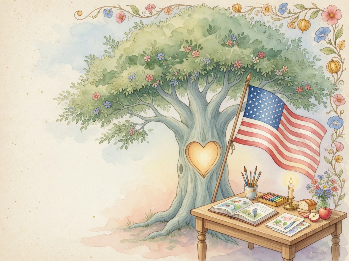 Bright watercolor sheltering tree with heart in the trunk, American flag, homeschool table, books, candle, flowers, and art supplies