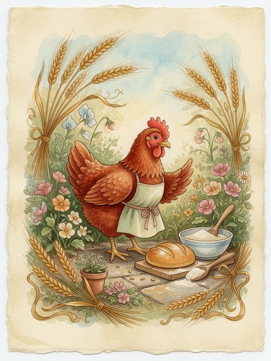 Watercolor illustration of the Little Red Hen with wheat and bread