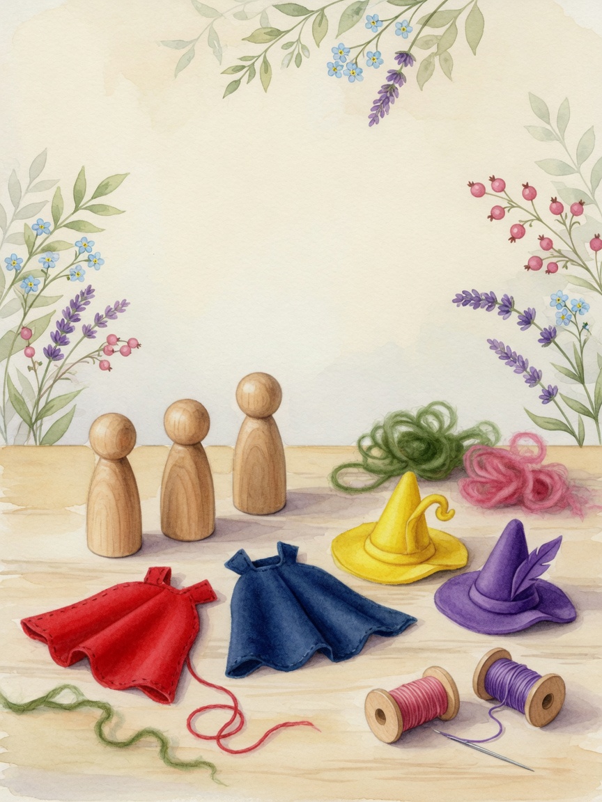 Watercolor paper and felt templates for peg doll capes, cloaks, leaf collars, cone hats, and wings