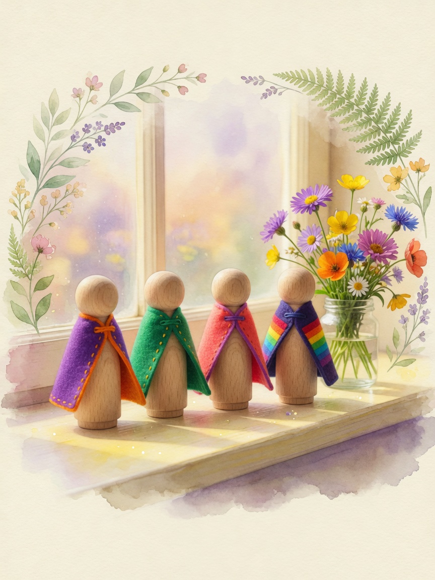 Watercolor adult and child hands staining wooden peg dolls with transparent watercolor and beeswax finish nearby