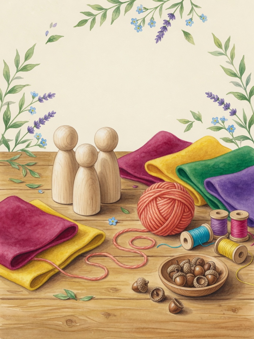 Watercolor craft table with wooden peg dolls, wool felt, roving, acorn caps, glue, scissors, beeswax, and sanding sponge
