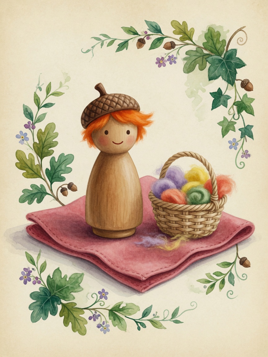 Watercolor acorn child peg doll with orange wool roving and acorn cap being glued into place
