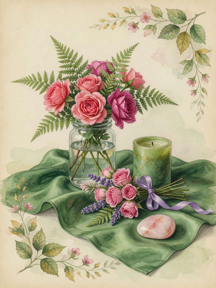 Spiritual Waldorf watercolor for Friday Venus day with green flowers, feast board, candle, and gnome