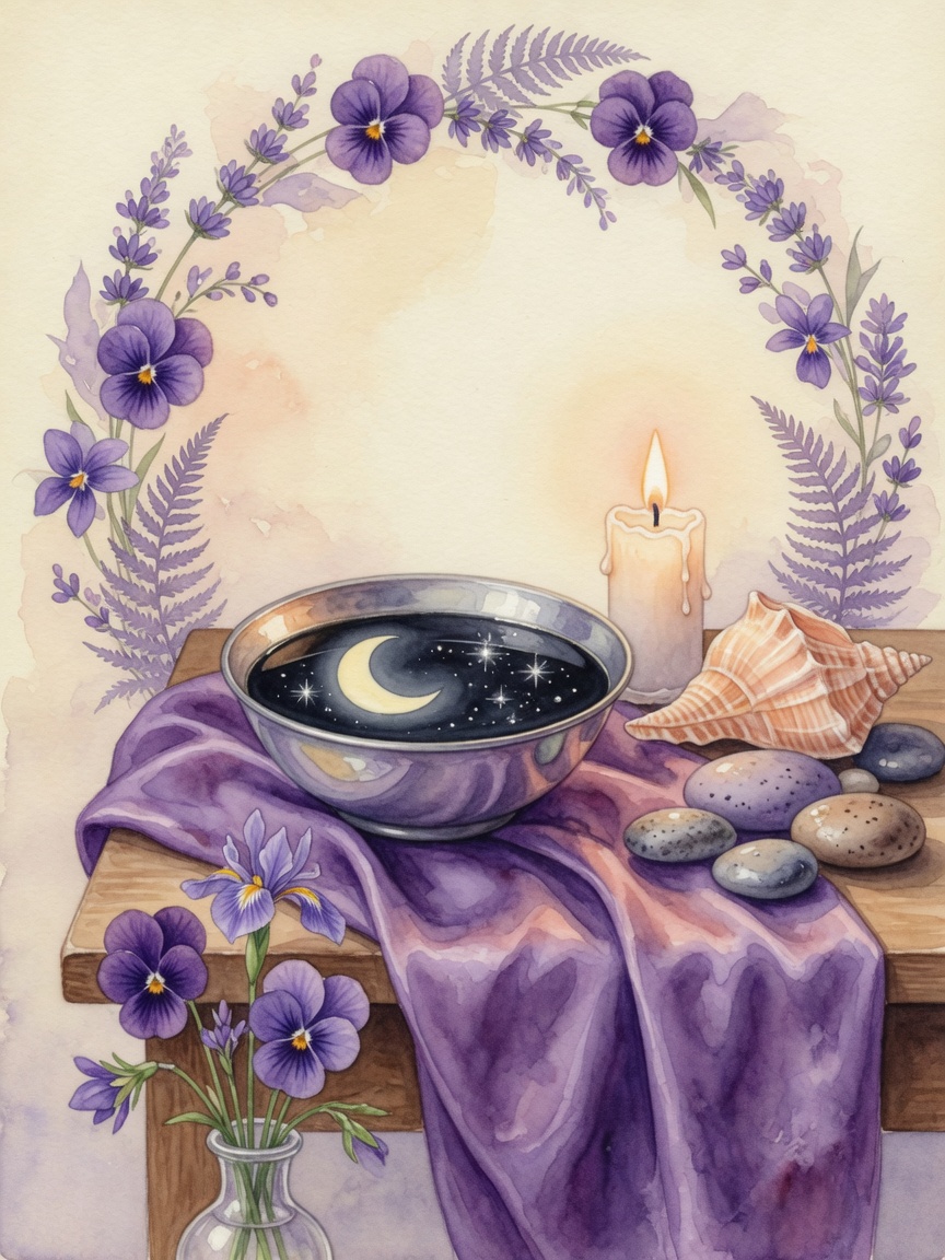 Spiritual Waldorf watercolor for Monday Moon day with violet moonlight, water bowl, shell, candle, and gnome