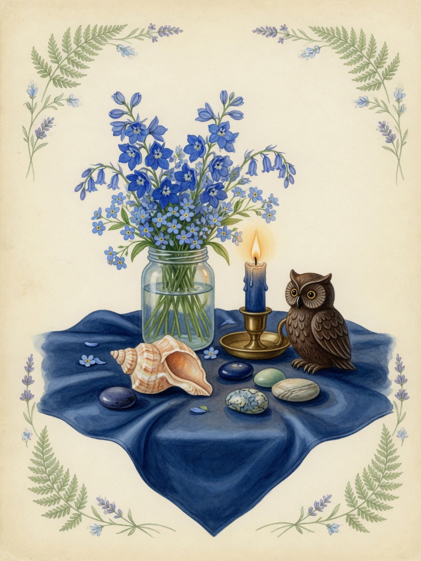 Spiritual Waldorf watercolor for Saturday Saturn day with blue basket, broom, folded cloth, candle, and gnome