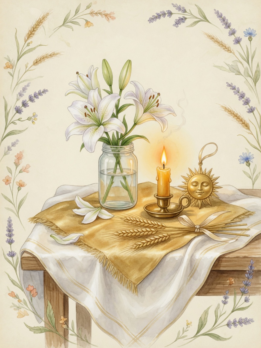 Spiritual Waldorf watercolor for Sunday Sun day with golden light, candle, flower, and gnome