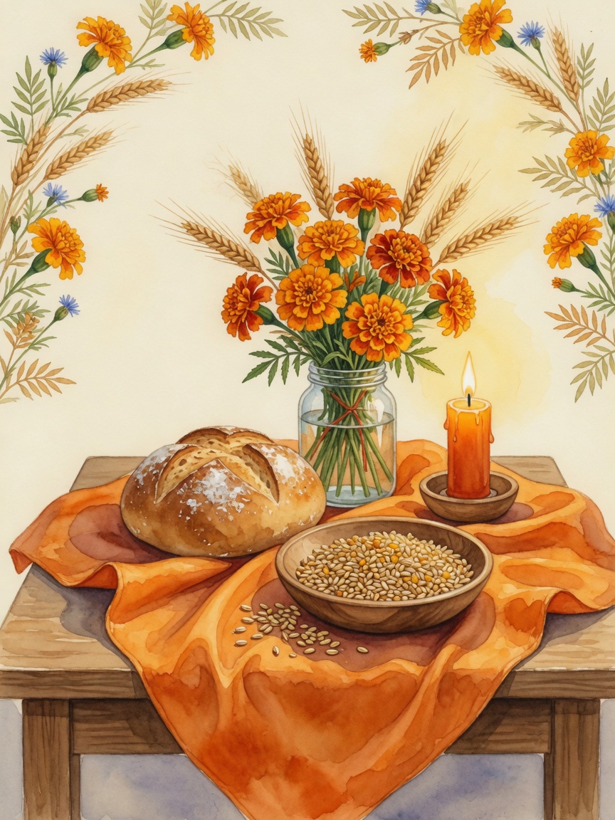 Spiritual Waldorf watercolor for Thursday Jupiter day with orange warmth, seeds, herbs, candle, and gnome
