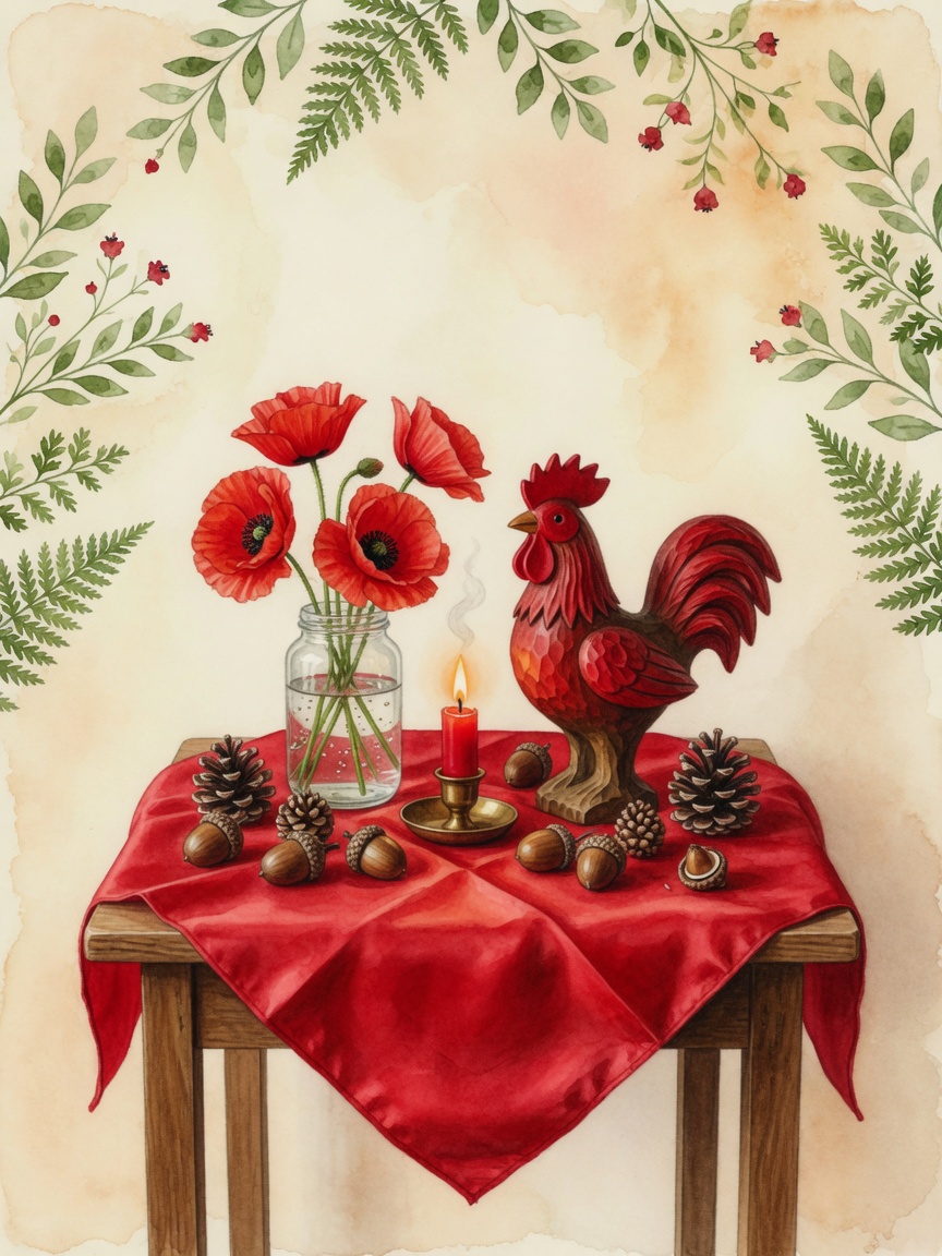 Spiritual Waldorf watercolor for Tuesday Mars day with red courage, bridge, stones, candle, and gnome