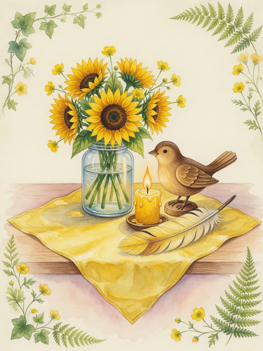Spiritual Waldorf watercolor for Wednesday Mercury day with yellow watercolor, water bowl, brushes, feather, and gnome
