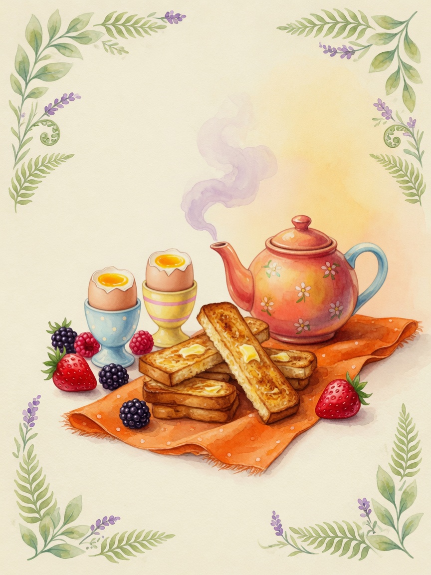 Watercolor breakfast of boiled eggs, toast fingers, berries, and herbal tea