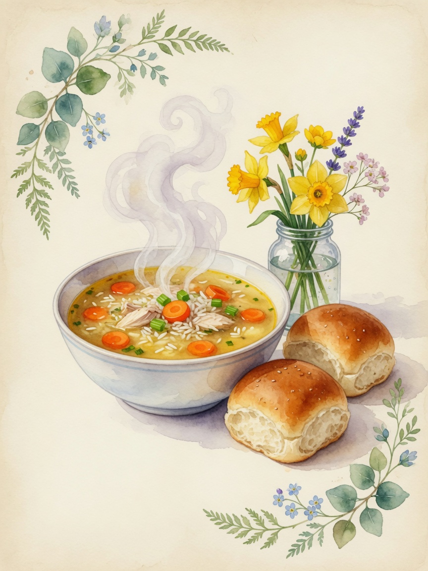 Watercolor lunch of chicken rice soup, bread, and pears