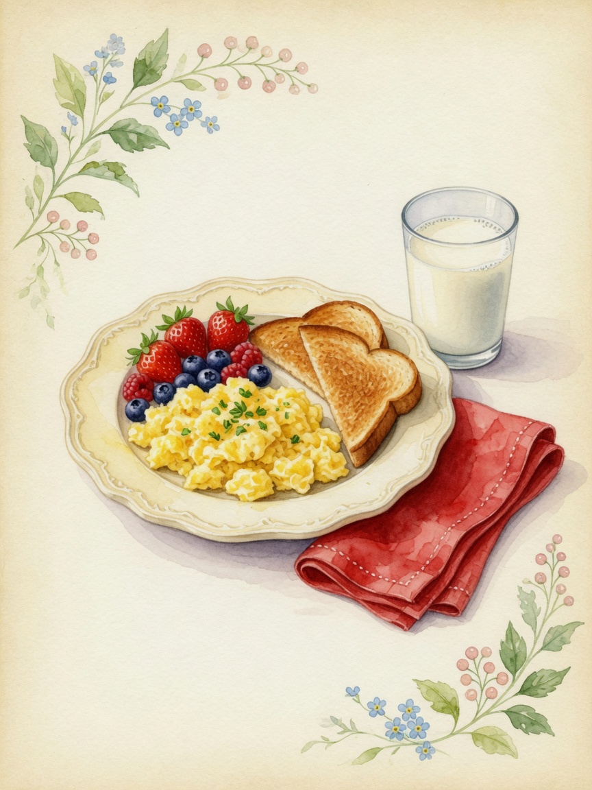 Watercolor breakfast of scrambled eggs, toast, berries, and milk
