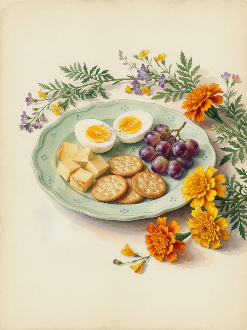 Watercolor garden plate with eggs, cucumbers, tomatoes, cheese, crackers, and grapes