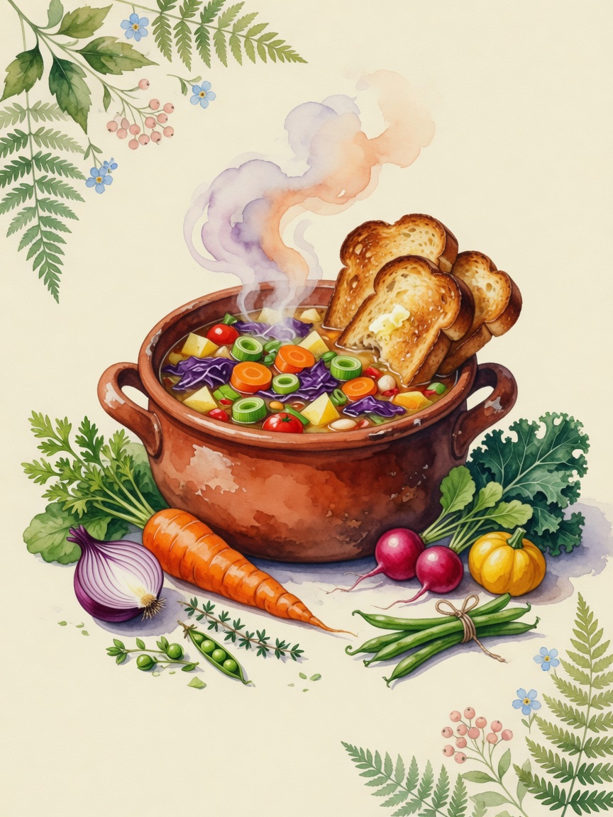 Watercolor Sunday lunch of simple soup, bread, fruit, and a small sweet