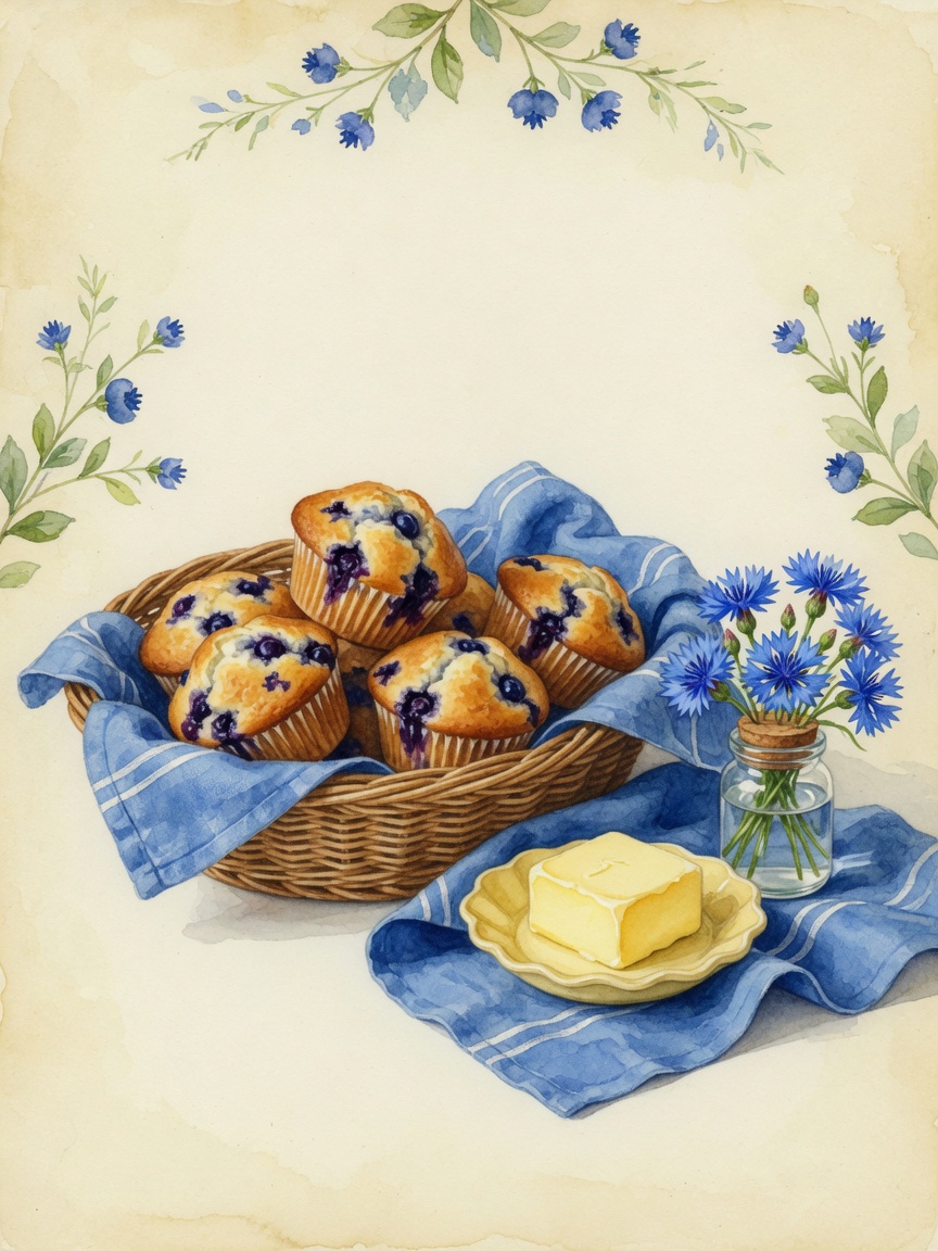Watercolor breakfast of apple muffins, eggs, fruit, and milk