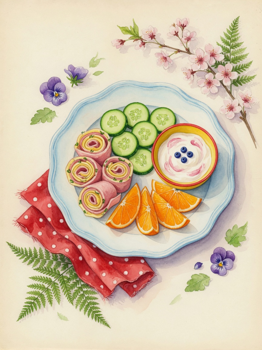 Watercolor lunch of roll-ups, cucumber coins, oranges, and yogurt