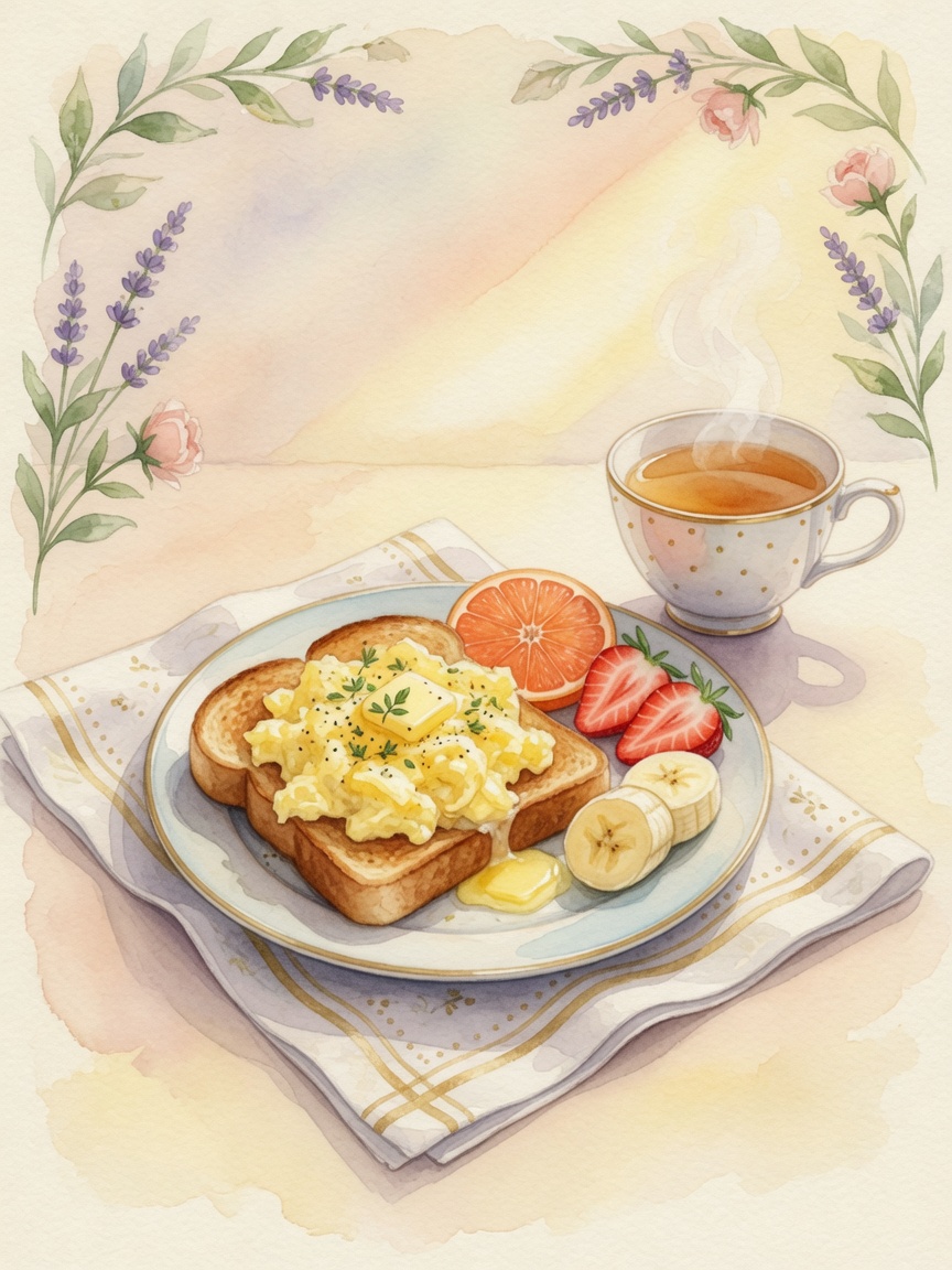 Watercolor Sunday breakfast of eggs, toast with jam, fruit, and warm milk