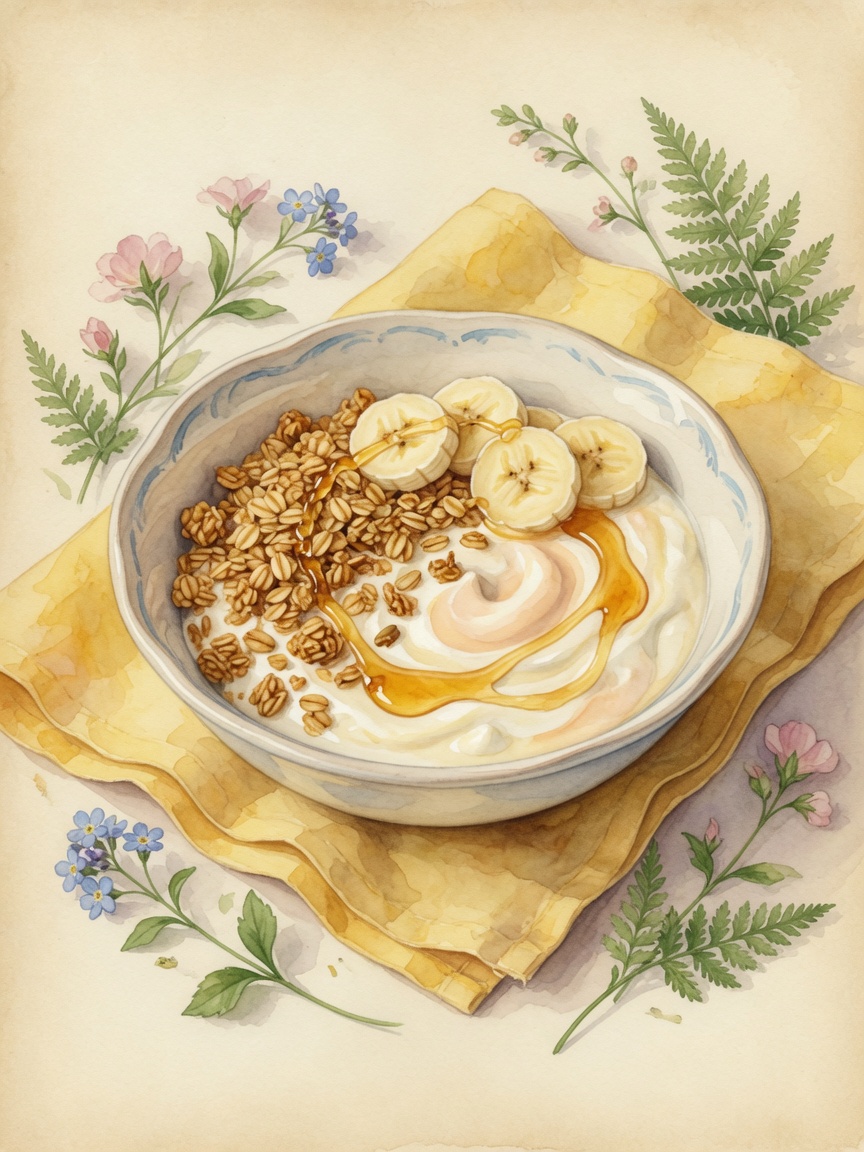 Watercolor breakfast of yogurt, granola, bananas, and honey
