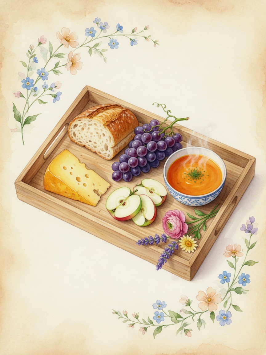 Watercolor feast tray with bread, cheese, apples, soup, and candle