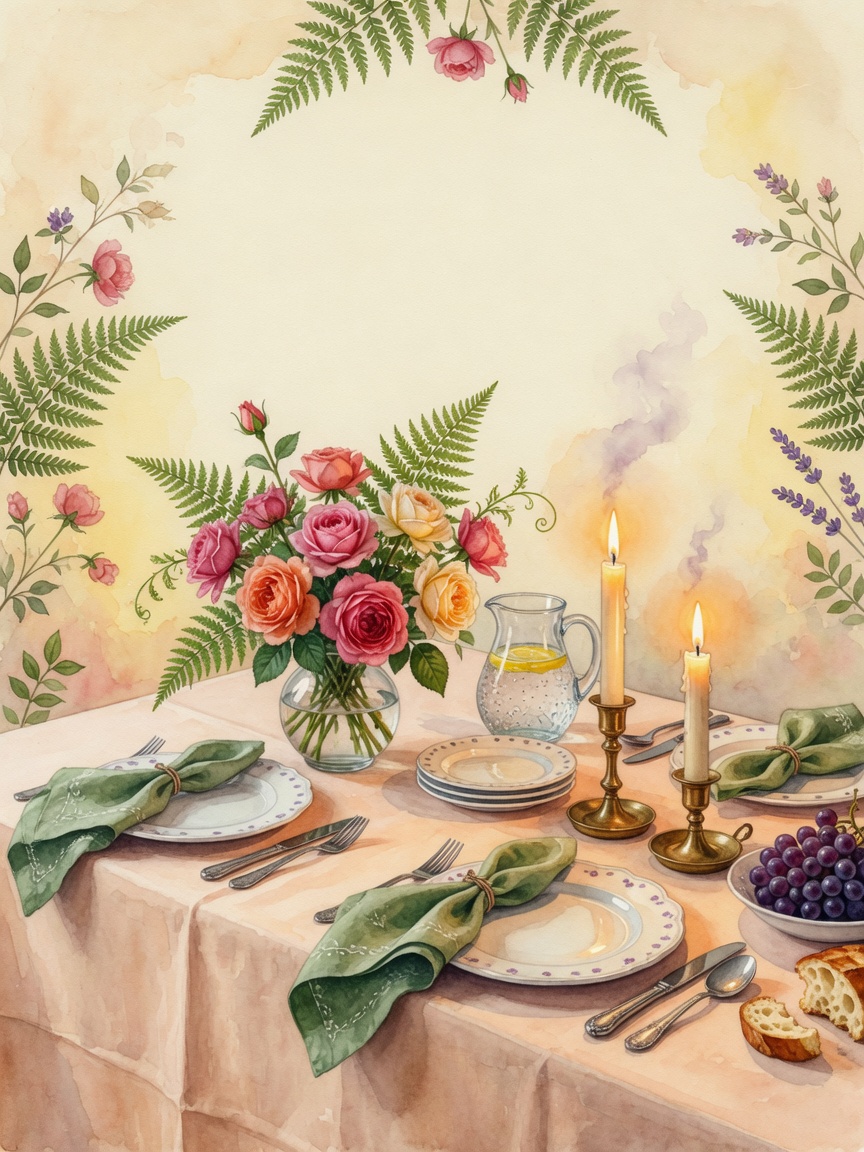 Watercolor flower table with jar, napkin, candle, and wildflowers