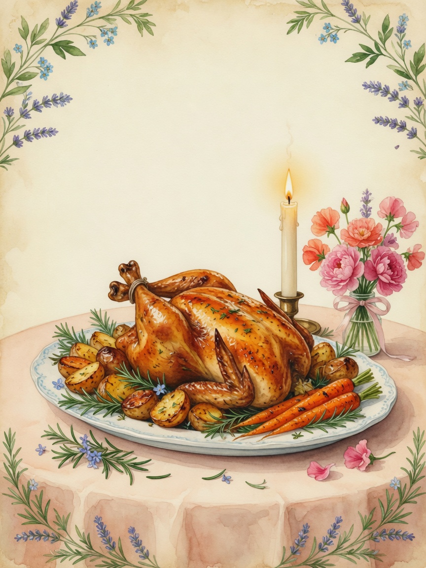 Watercolor roast chicken dinner with potatoes, carrots, flowers, and candle
