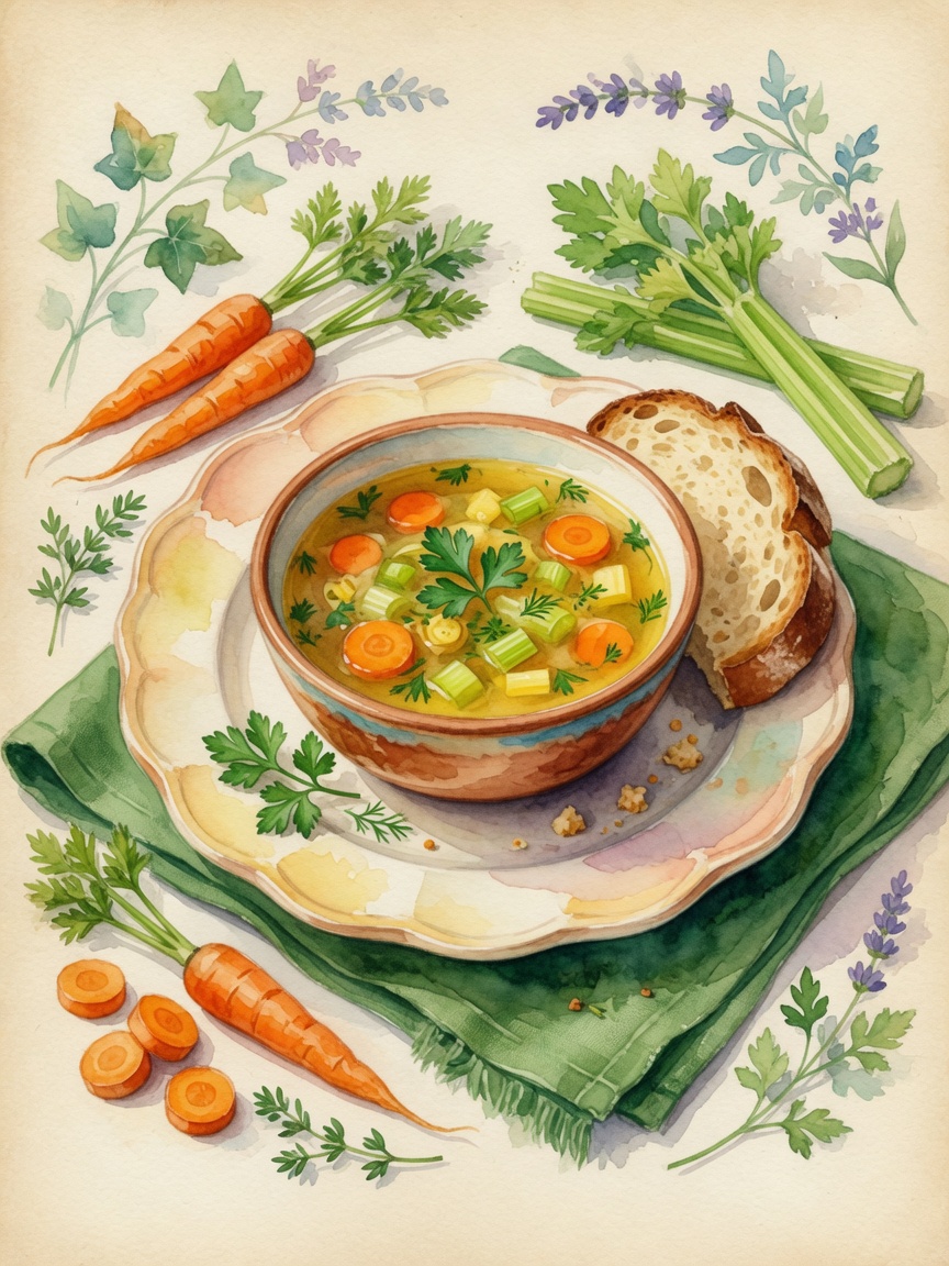 Watercolor Stone Soup table with vegetables, bread, candle, and flowers