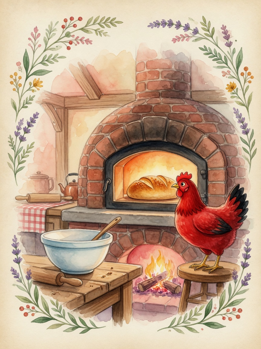 The Little Red Hen baking bread in a warm kitchen