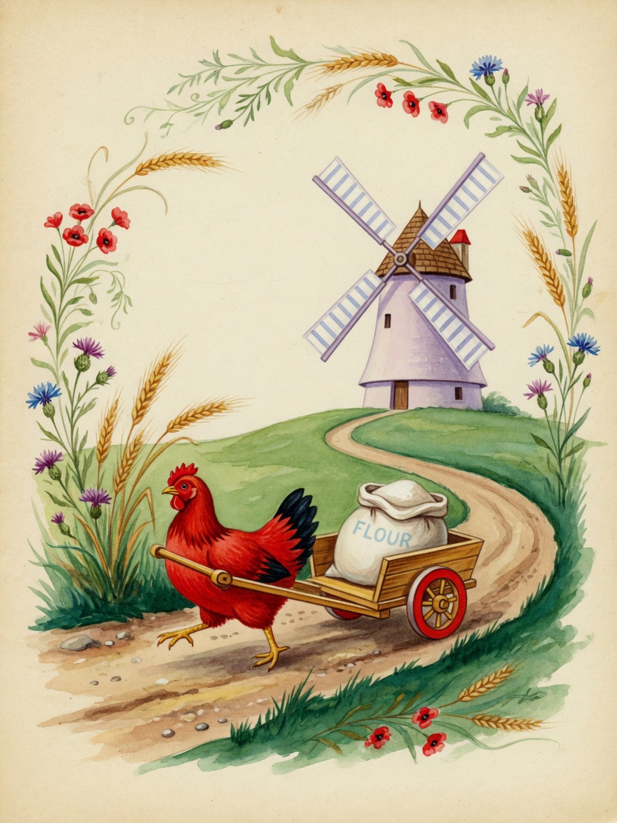 The Little Red Hen carrying flour home from the mill
