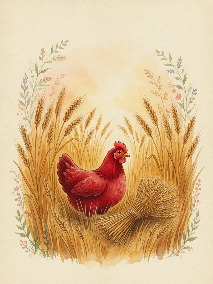 The Little Red Hen cutting tall golden wheat
