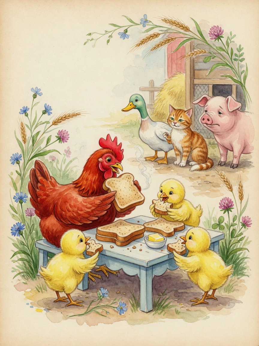 The Little Red Hen eating warm bread at the table