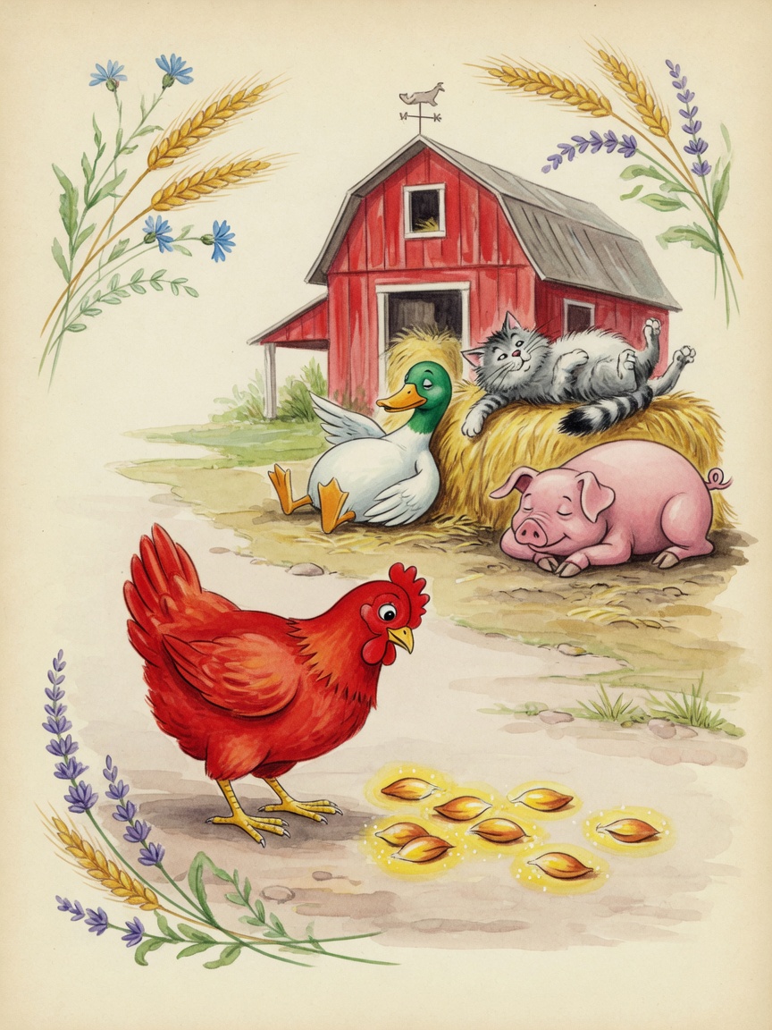 The Little Red Hen finding grains of wheat in the yard
