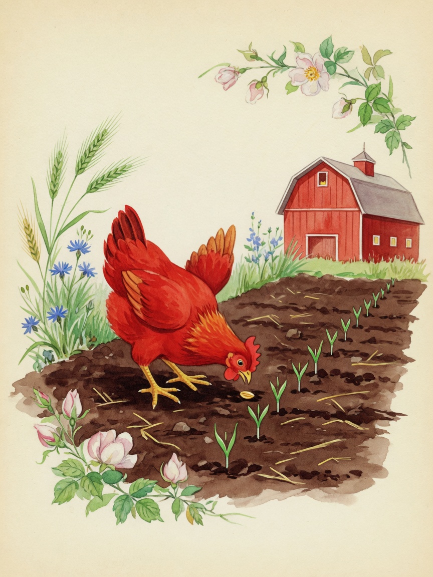The Little Red Hen planting wheat seeds