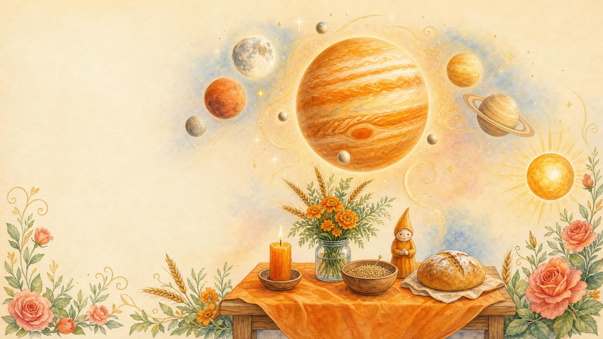 Watercolor Jupiter lesson hero with orange Jupiter, seven wandering lights, Thursday table, candle, herbs, seeds, and bread