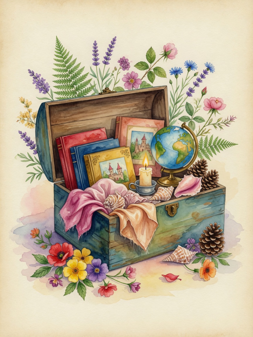 Watercolor of a wooden chest of storybooks and treasures