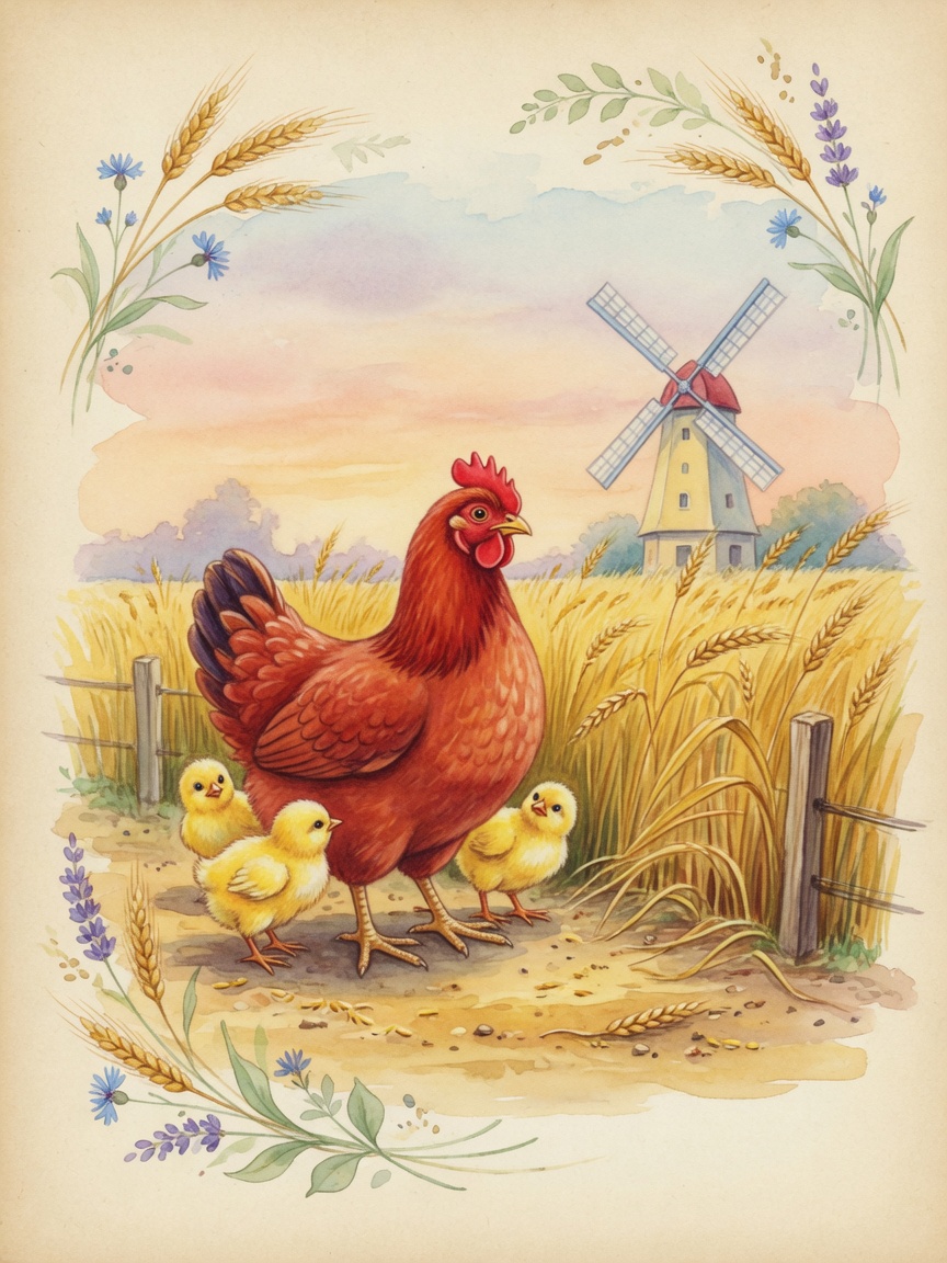 Watercolor of the Little Red Hen with wheat and bread