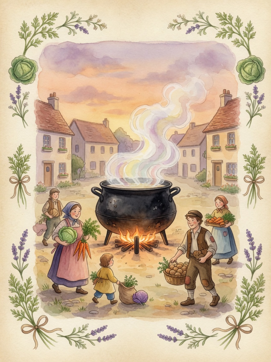 Waldorf Art Nouveau watercolor illustration of villagers making stone soup together